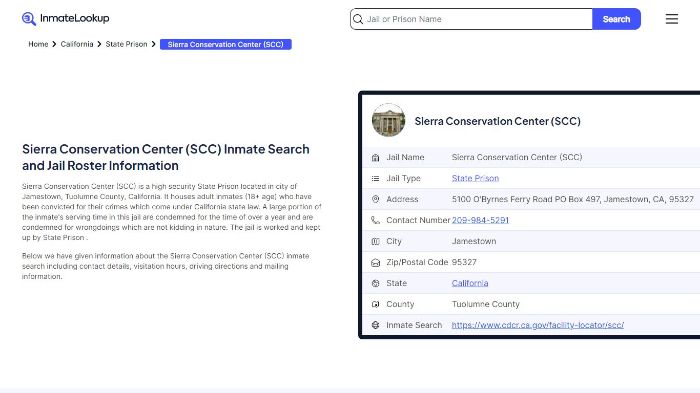 Sierra Conservation Center (SCC) Inmate Search, Jail ... - Inmate Lookup
